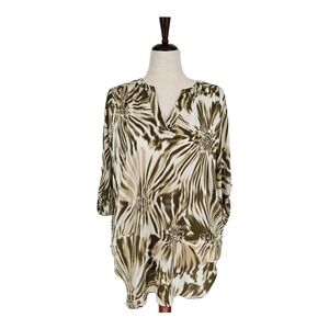 Worthington Blouse Women 1X Olive Cream Abstract Floral‎ Roll Tab V-Neck Tunic